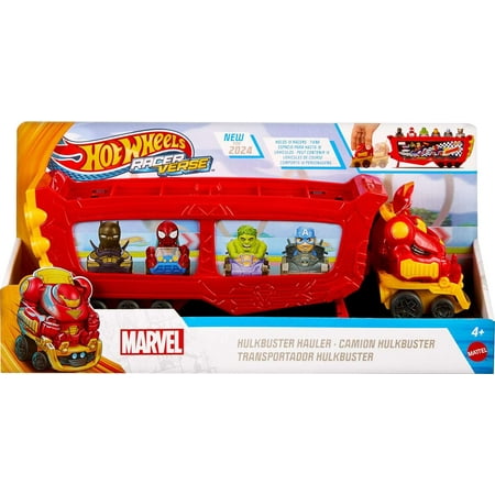 Bright red Hulkbuster Hauler Truck with a detailed front, featuring Marvel characters like Spider-Man and Hulk in a colorful, sturdy design, packaged in a vibrant box.