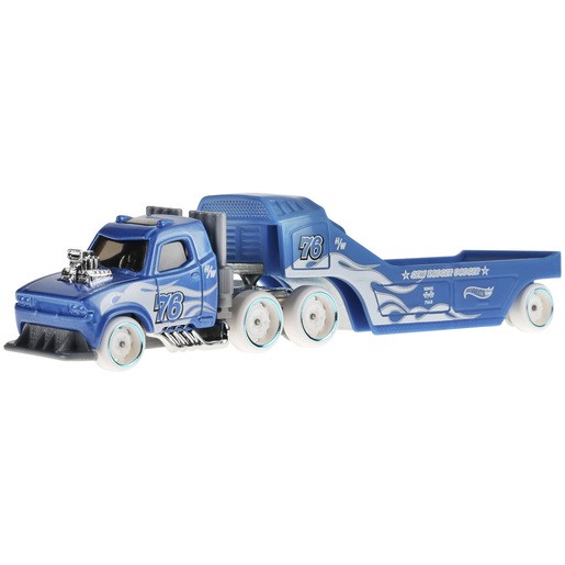 Blue Hot Wheels Semi Rodger Dodger truck with silver accents, featuring a sleek design, large wheels, and the number "76" on the side, showcasing a vibrant toy vehicle aesthetic.