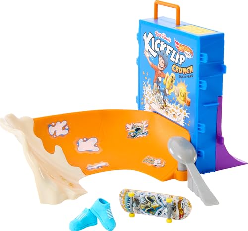 Bright blue cereal box playset with orange skate bowl, white ramp, and mini skateboard, featuring colorful stickers and a spoon accessory.