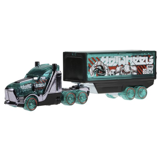 A teal and black Hot Wheels Speed Hauler with a detailed truck cab and a large trailer featuring colorful graphics and transparent wheels.