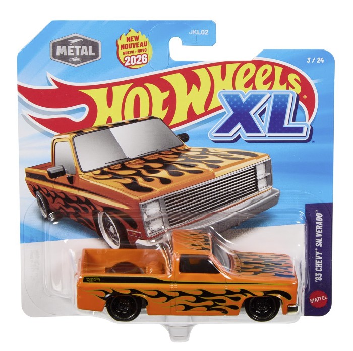 Metal diecast Hot Wheels XL 1:43 scale model of a 1983 Chevy Silverado in vibrant orange with black flame decals, featuring detailed wheels and a glossy finish.