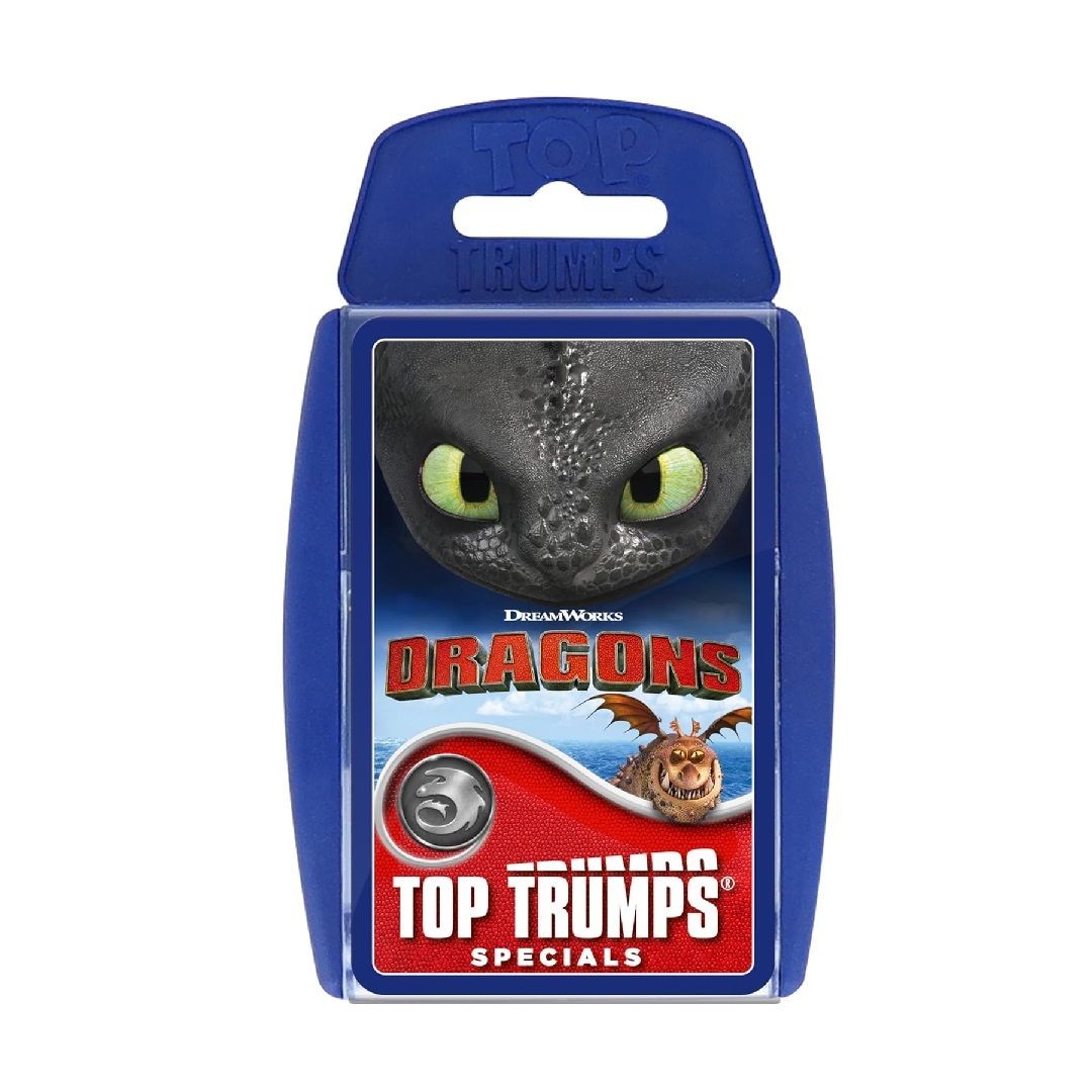 Blue card case featuring a prominent dragon character with green eyes, titled "Top Trumps How to Train Your Dragon," showcasing vibrant colors and a playful design.