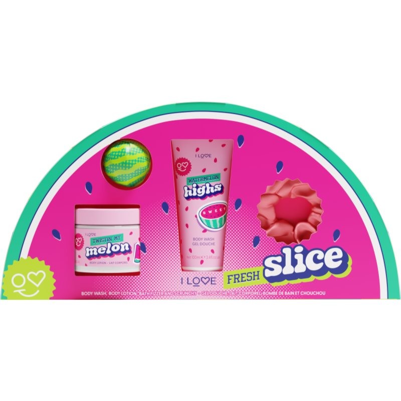 Bright pink gift set featuring a melon-themed body wash, a body scrub, and a shower gel, all adorned with playful watermelon graphics and vibrant colors.