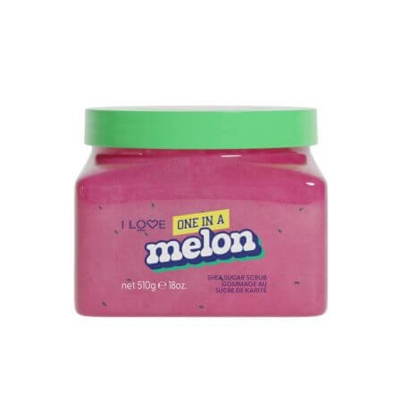 Bright pink body scrub in a clear jar with a green lid, labeled "One in a Melon" by I Love, featuring a playful font and small black seed-like specks throughout the scrub.