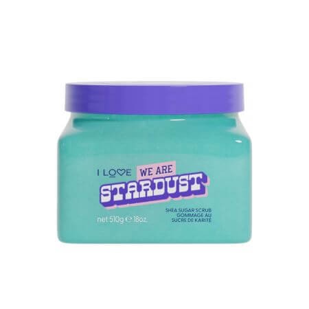 A turquoise jar with a purple lid labeled "I LOVE WE ARE STARDUST" containing 510g of shea sugar body scrub.