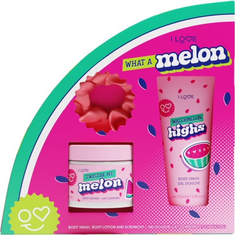Bright pink gift set featuring "I LOVE What a Melon" body wash and body lotion, adorned with watermelon-themed graphics and a matching scrunchie.