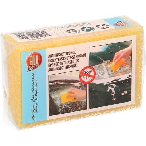 Yellow anti-insect sponge packaged in a clear box, featuring images of its use on a car, with text detailing its purpose and care instructions.