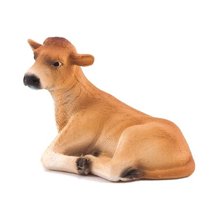 Lying down calf toy figure in a tan color with a light brown patch on its head, featuring realistic details and a smooth plastic finish.
