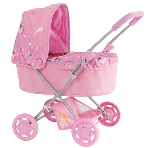 A pink doll pram with a patterned canopy featuring rainbows and unicorns, silver handles, and pink wheels, designed for imaginative play.