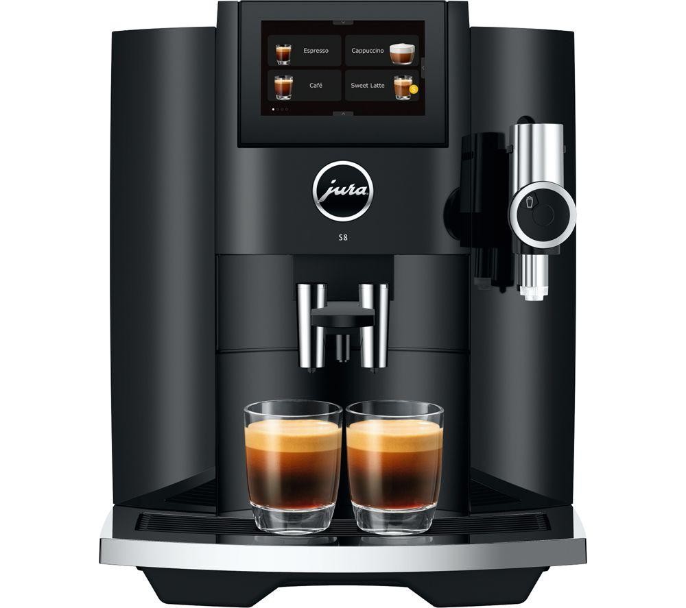 Sleek piano black Jura S8 coffee machine featuring a touchscreen display, dual coffee spouts, and two glasses of espresso in front.