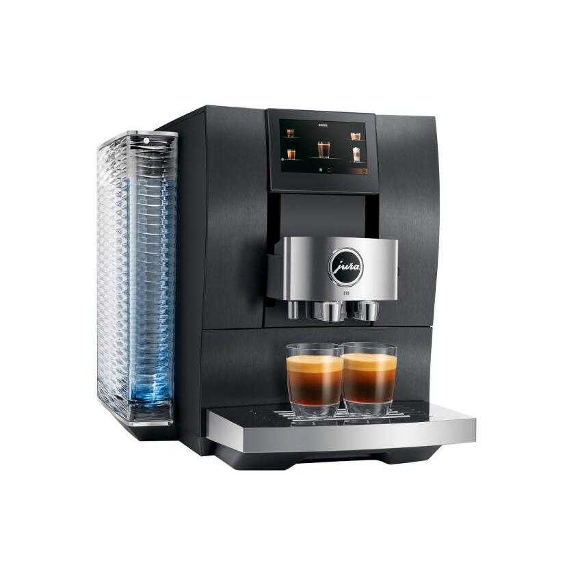 Sleek black Jura Z10 espresso machine with a built-in grinder, featuring a digital display and two cups of espresso on a stainless steel drip tray.