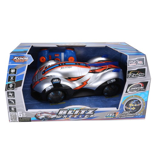 Silver and blue remote control car with sleek design, featuring lightning graphics, large wheels, and a remote control, capable of 360-degree spins and speeds up to 12 km/h.