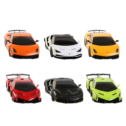 Friction-powered Lamborghini toy cars in orange, white, yellow, red, and green, featuring sleek designs, detailed exteriors, and distinctive rear spoilers.
