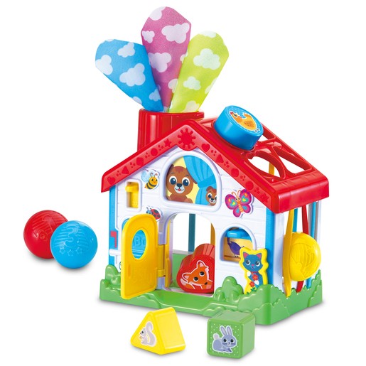 Colorful 4-in-1 Discovery House features a red roof, blue walls, and playful animal designs, with shape-sorting blocks and fabric leaves sprouting from the top.