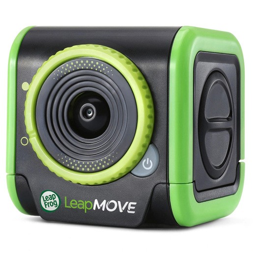 LeapFrog LeapMove Learning Game Device in black and bright green, featuring a circular camera lens, a power button, and a textured grip on the side.