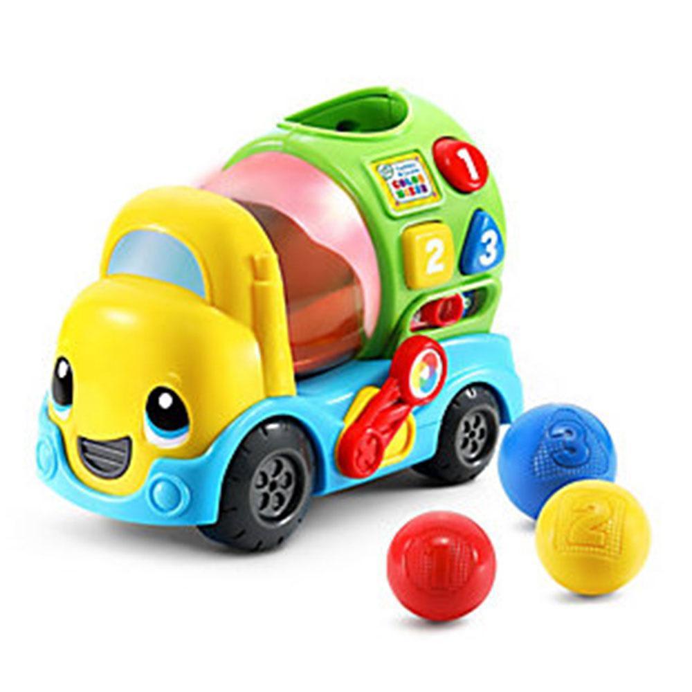 Brightly colored LeapFrog Popping Colour Mixer Truck features a yellow cab, green mixer, and includes three colorful balls for interactive play and learning.