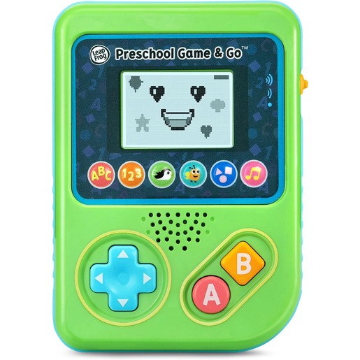 Bright green handheld device with a smiling face on the screen, featuring colorful buttons labeled A and B, and icons for letters, numbers, and music.