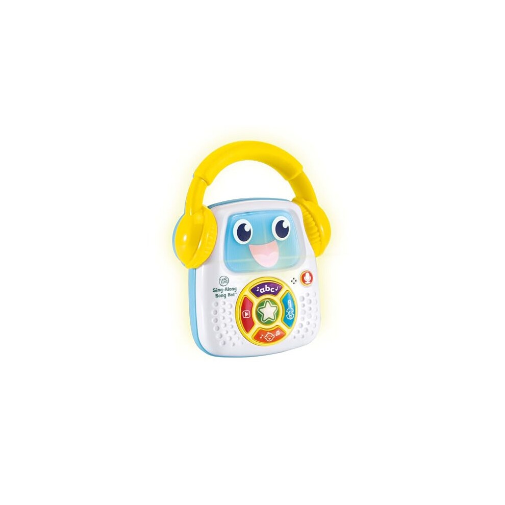 Bright blue and white toy with a smiling face, yellow headphones, and colorful buttons for song selection, designed for interactive play and learning.