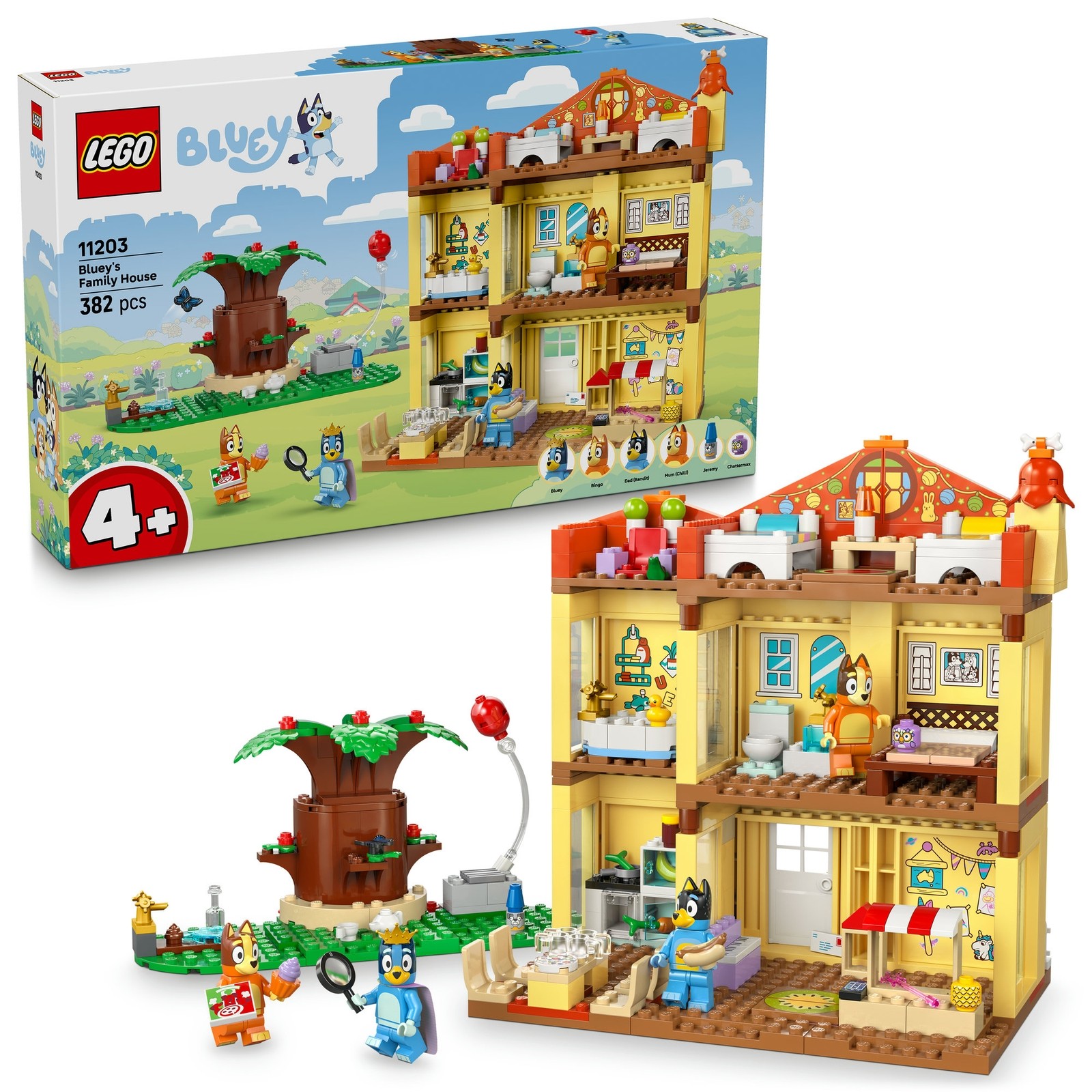 Bluey's Family House LEGO set features a colorful two-story house with yellow walls, a tree, and various rooms filled with furniture and characters from the show.