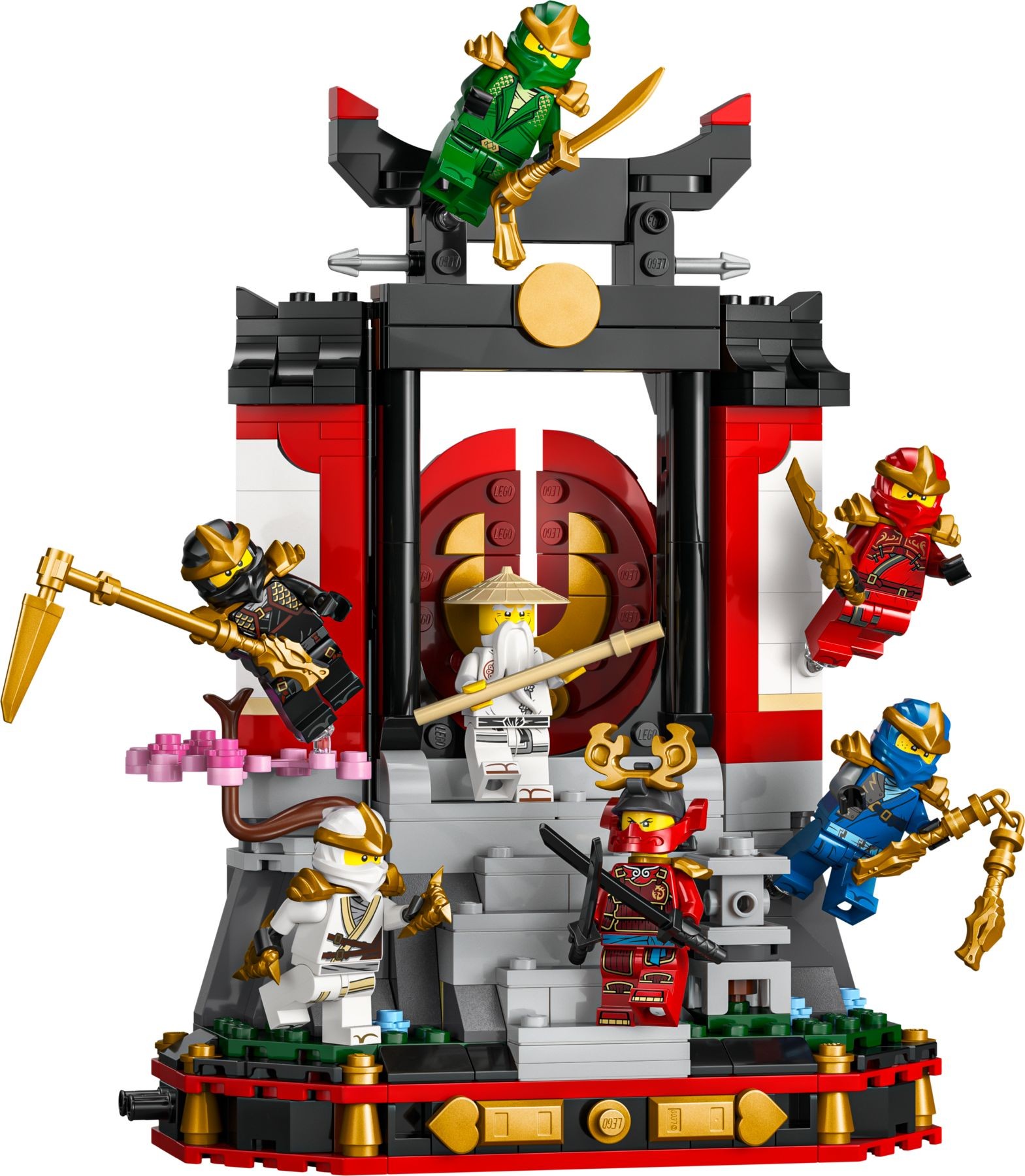 Colorful LEGO Ninja Character Display featuring six ninjas in vibrant costumes, a red and black temple structure, cherry blossom trees, and various weapons.