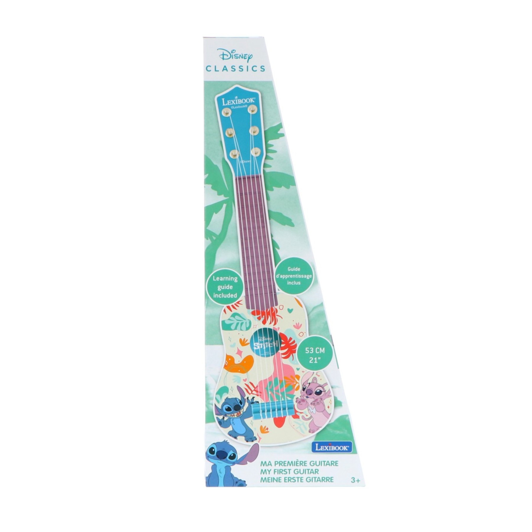 Colorful Lilo & Stitch-themed guitar featuring vibrant illustrations of Stitch and tropical elements, with a learning guide included, measuring 53 cm.