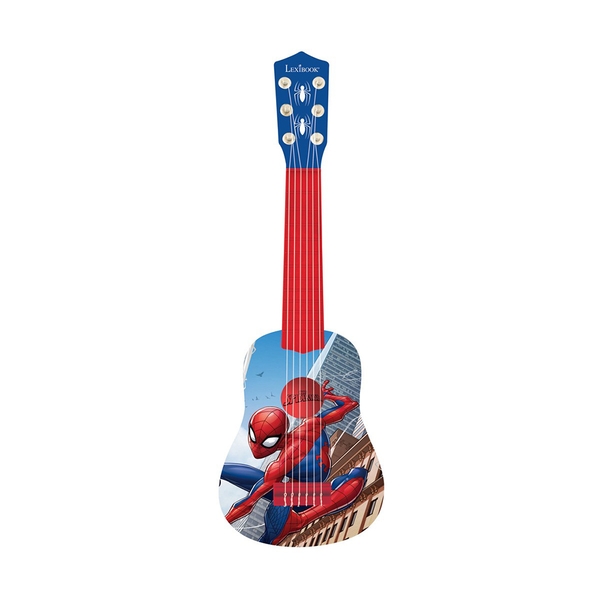 Bright blue guitar featuring Spider-Man graphics, red strings, and a lightweight design, perfect for young fans of the superhero.