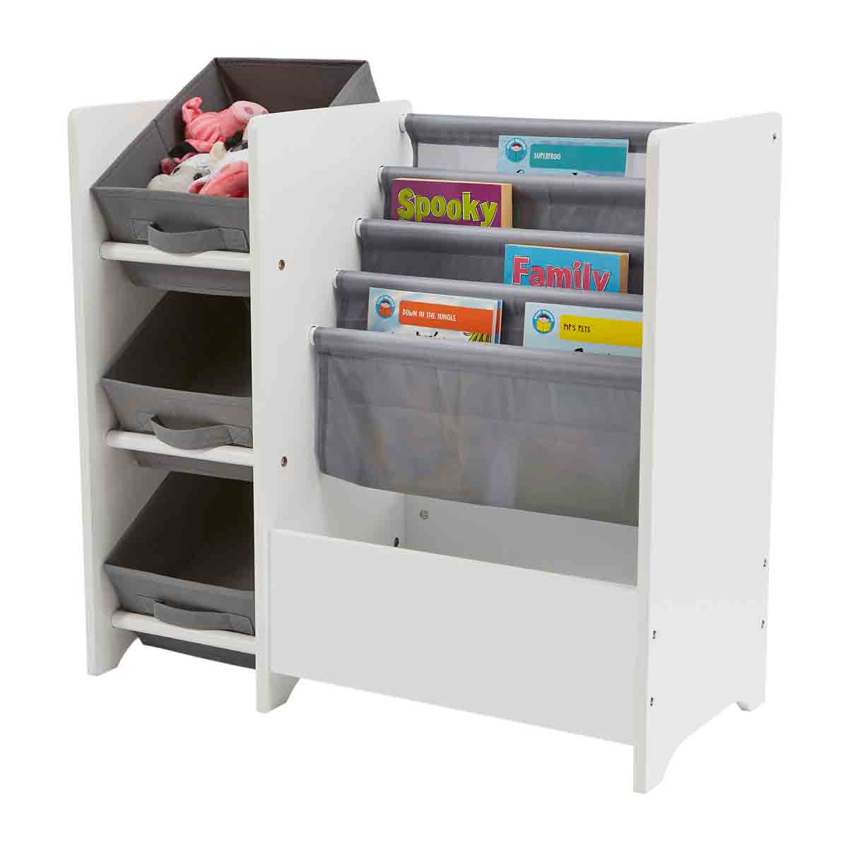 White wooden display unit featuring gray fabric storage boxes, designed with multiple compartments for organizing toys and books.