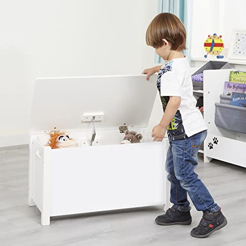 White wooden toy box with a hinged lid, featuring a child retrieving stuffed animals, set in a bright room with light-colored flooring and playful decor.