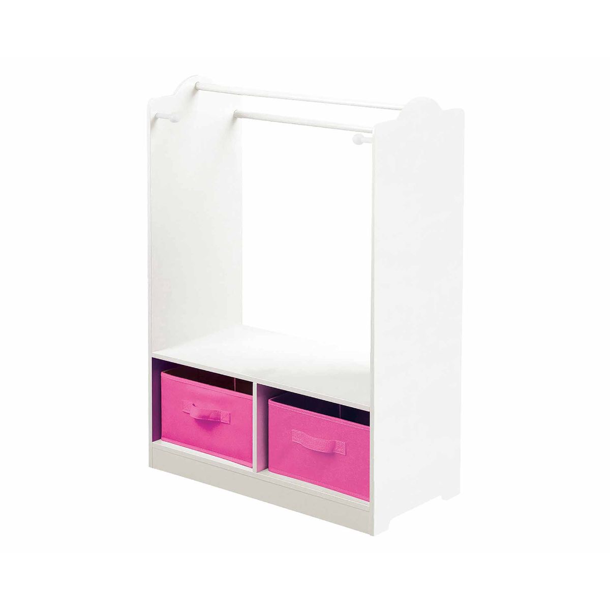 White wooden children's dressing rail with a top hanging rod and two pink fabric storage bins below, designed for organizing toys and clothes.