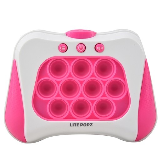 Lite Pink Popz Push Button Game features a white body with bright pink buttons, a central control button, and twelve poppable silicone bubbles for interactive play.