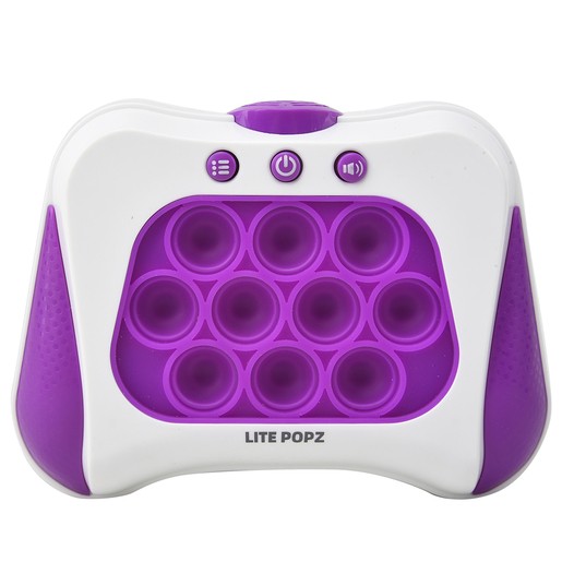 Lite Purple Popz Push Button Game features a white and purple design with 12 pop buttons, a central power button, and sound controls for interactive play.