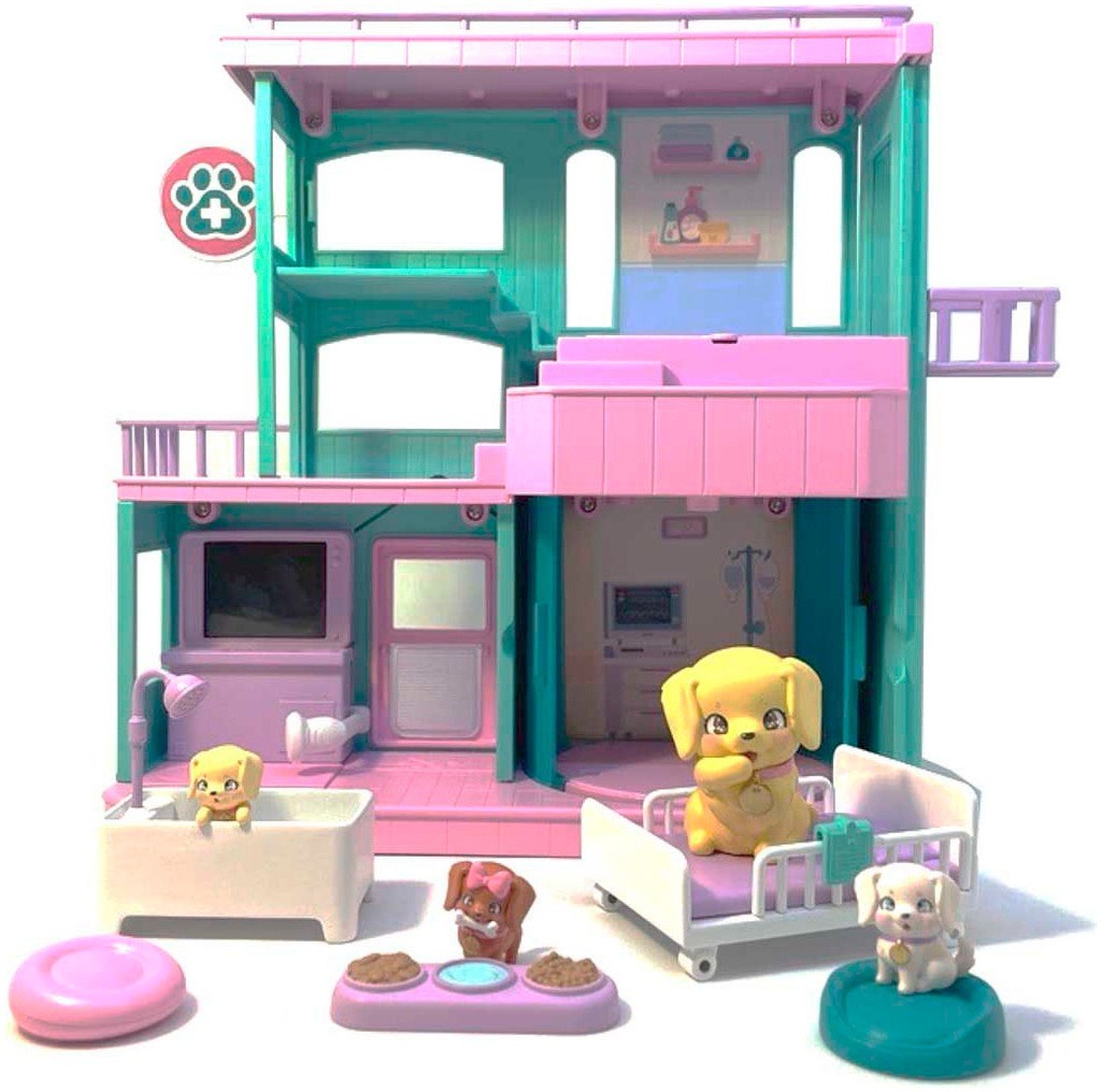 Colorful two-story pet care clinic in pink and teal, featuring a yellow puppy, two baby pets, a bed, a feeding station, and various accessories for pet care.