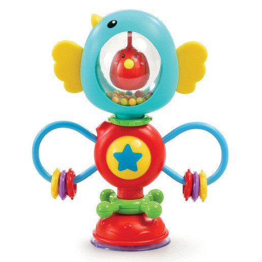Brightly colored highchair toy featuring a blue bird with yellow wings, a clear dome with a red bird inside, and colorful beads that shake, designed for sensory play.