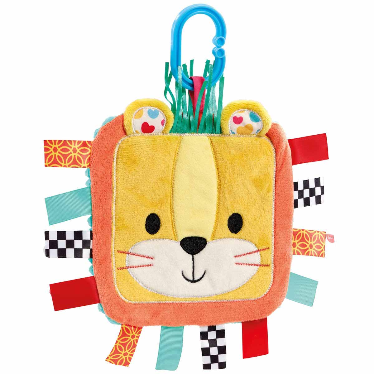 Bright yellow lion-shaped sensory pram toy with soft plush material, colorful tags, and a blue clip for attachment, featuring a smiling face and patterned ears.