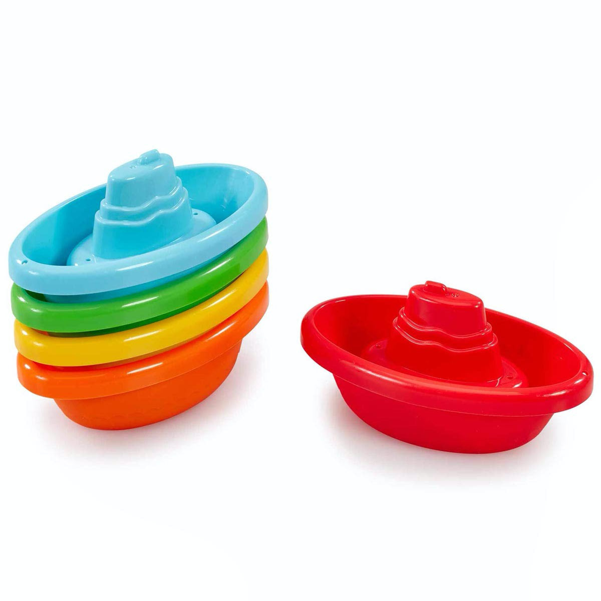 Colorful stacking bath toy boats in blue, green, orange, and red, featuring a small boat shape with a raised center and smooth plastic material, ideal for bathtime fun.