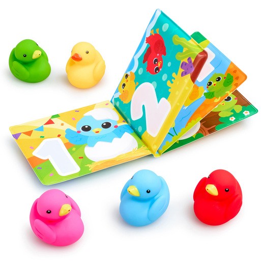 Brightly colored bath book with pages featuring playful illustrations, accompanied by four rubber ducks in pink, blue, green, and yellow, designed for engaging bathtime fun.