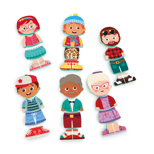 Colorful bath toy set featuring eight dressing-up stickies with diverse characters in various outfits, including hats, glasses, and playful patterns, made from waterproof material.
