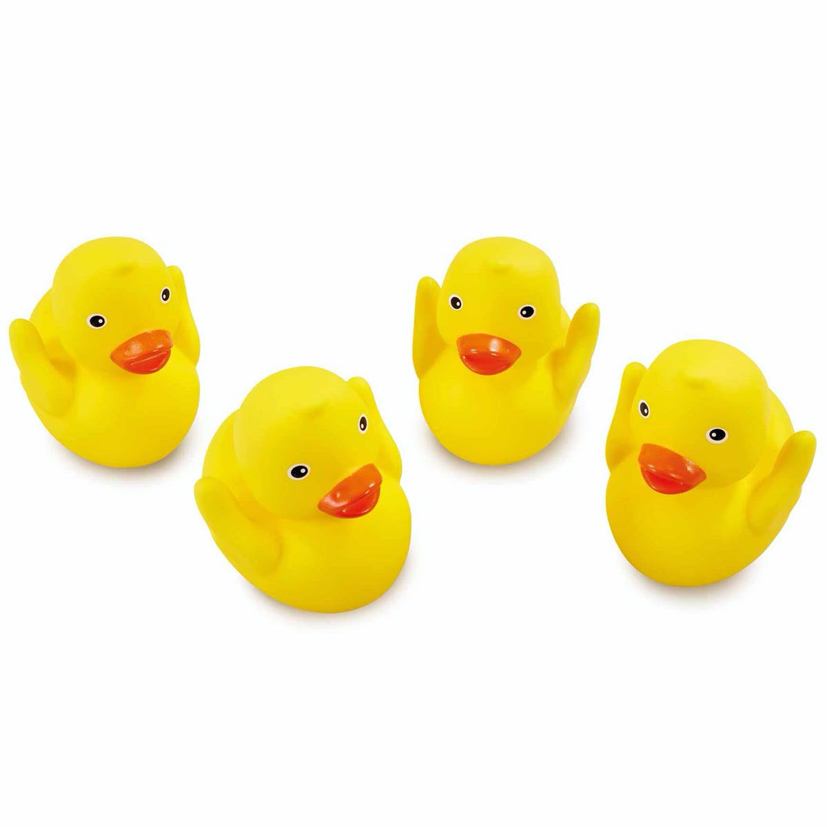 Four bright yellow rubber duck bath toys with orange beaks and black eyes, designed for fun squirting play during bathtime.