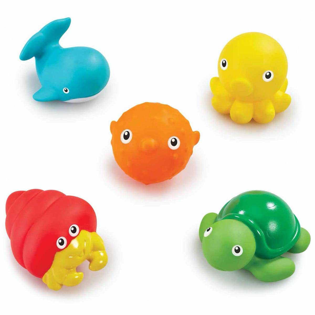 Five colorful bath squirters featuring a blue whale, orange pufferfish, yellow octopus, red crab, and green turtle, made of soft, durable plastic for fun in the water.
