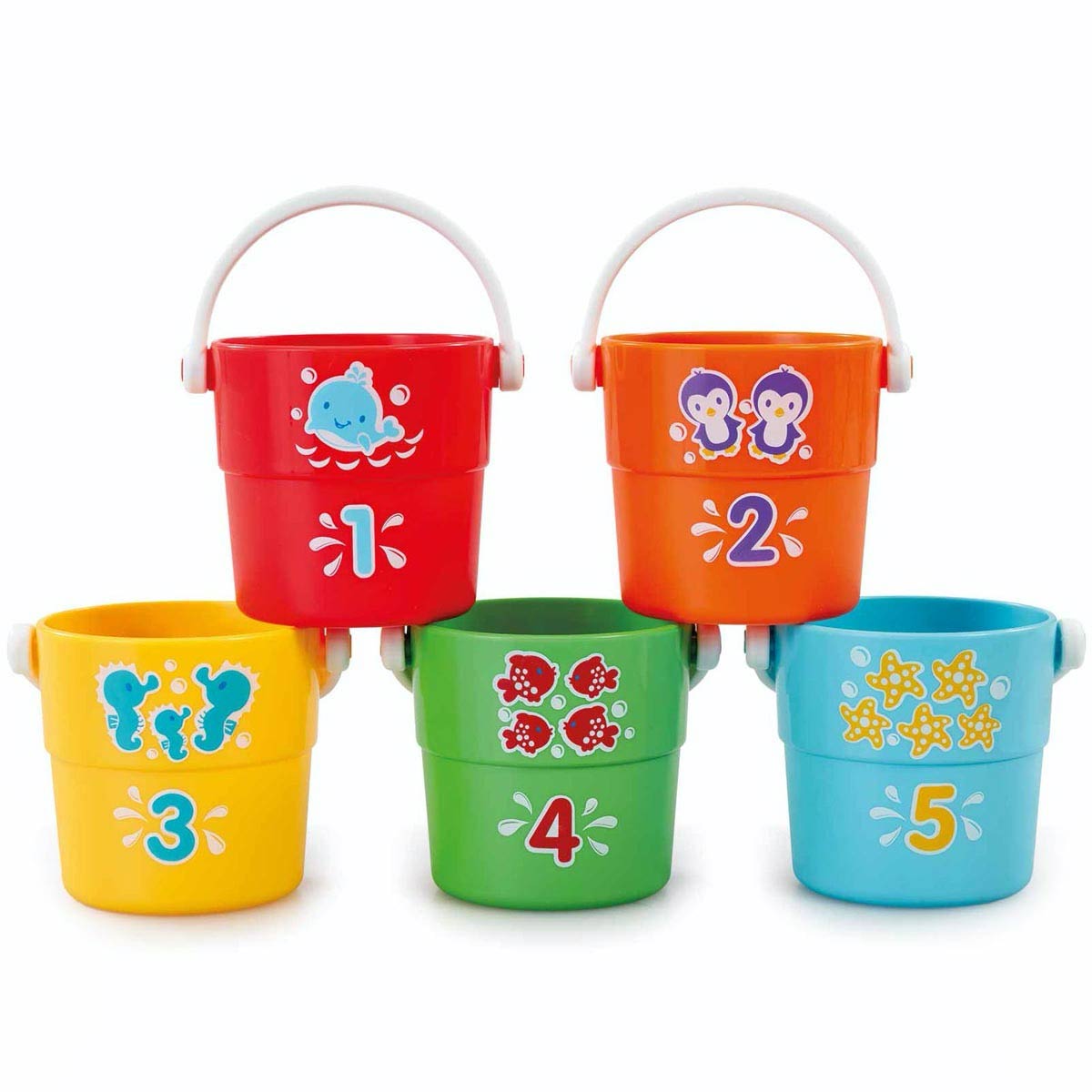 Colorful set of five plastic buckets in orange, yellow, green, blue, and red, each with playful sea creature designs and numbered 1 to 5, featuring sturdy white handles for easy pouring.