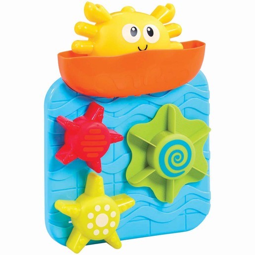 Brightly colored bath toy featuring a smiling sun atop a blue base with textured waves, and three removable star-shaped pieces in red, green, and yellow.