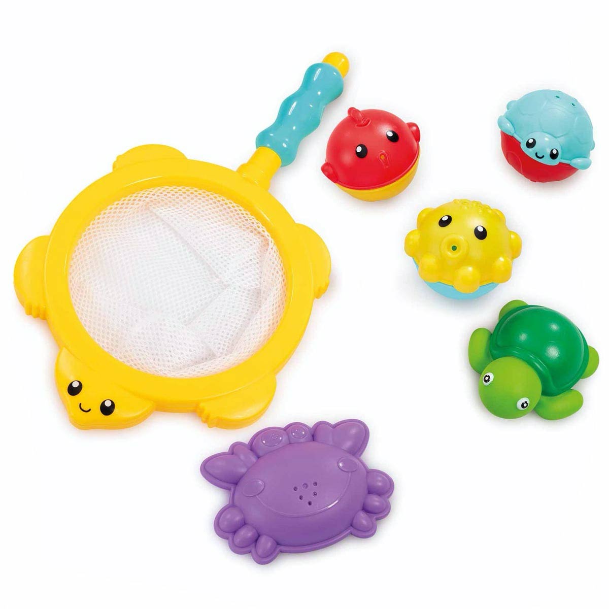 Bright yellow turtle-shaped net with a blue handle, surrounded by colorful bath toys: a red fish, blue turtle, green sea creature, and purple crab, all made of soft, waterproof material.