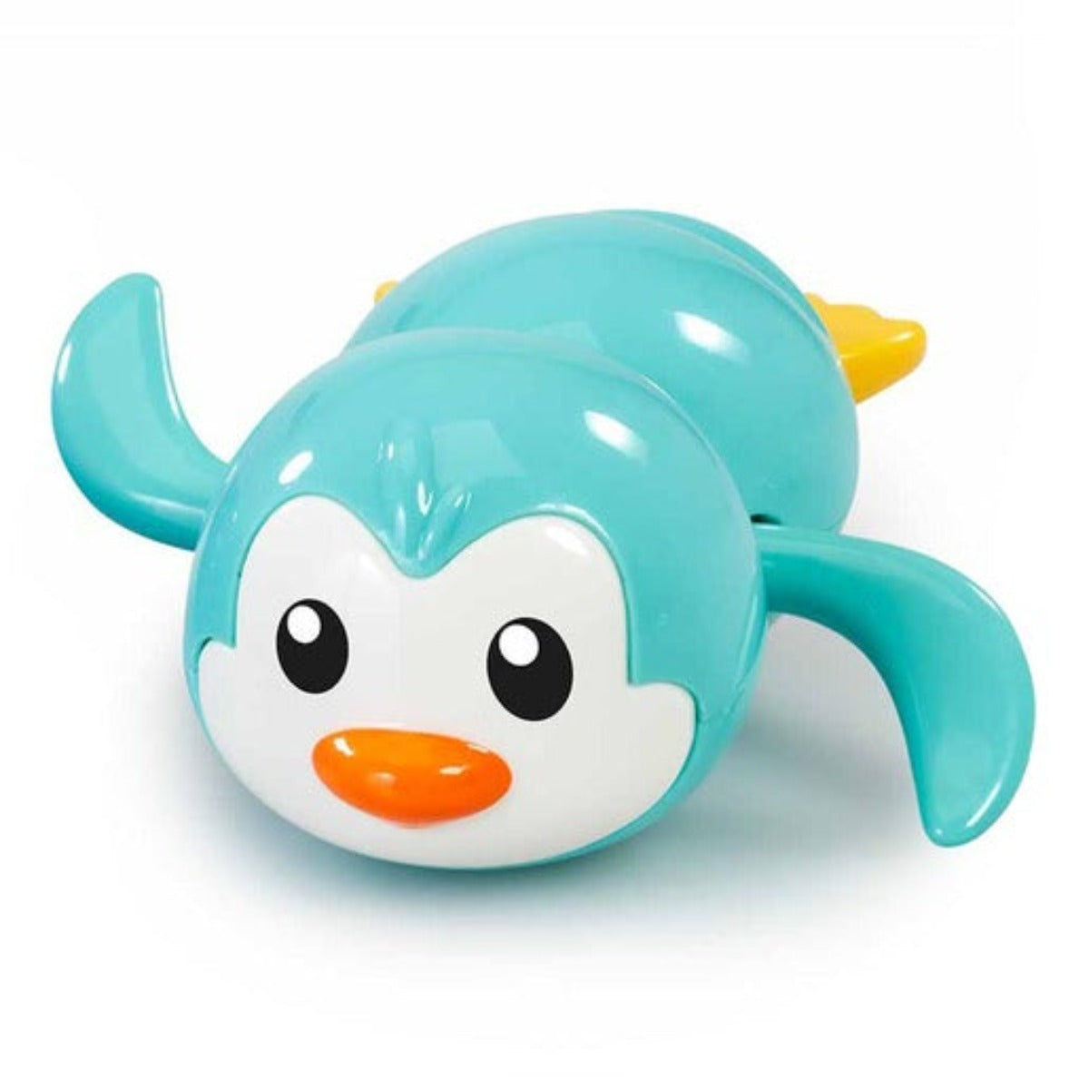 A bright blue wind-up penguin bath toy with a cheerful face, orange beak, and yellow feet, designed for playful bathtime fun.
