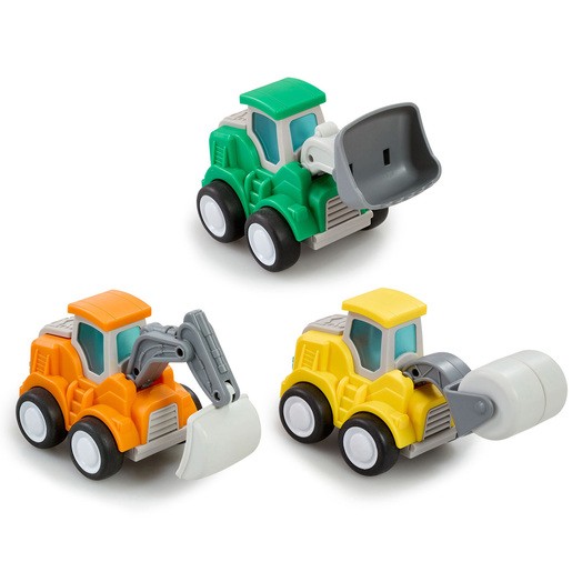 Three colorful construction vehicles in green, orange, and yellow, featuring movable parts like a scoop, a digger arm, and a roller, made from durable plastic.