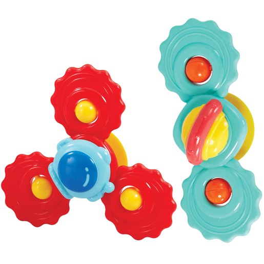 Brightly colored spinning toy featuring red, blue, and yellow components with circular shapes and textured surfaces, designed for highchair entertainment and sensory play.
