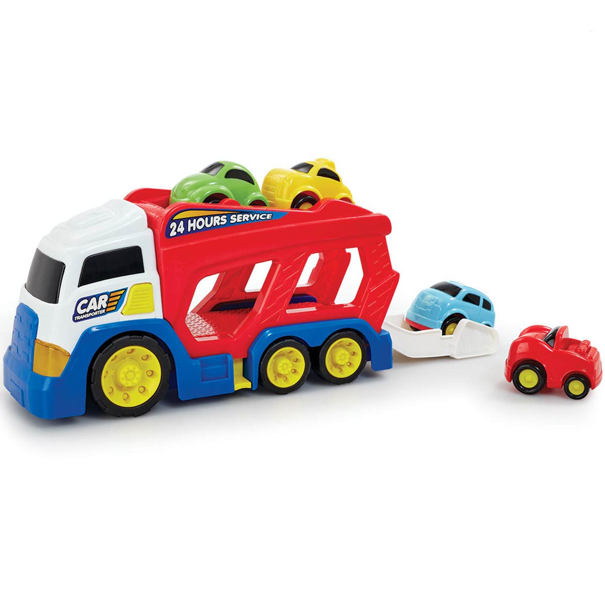 Brightly colored plastic transporter vehicle in red, blue, and yellow, featuring a ramp and four small toy cars stacked on top, labeled "24 HOURS SERVICE."
