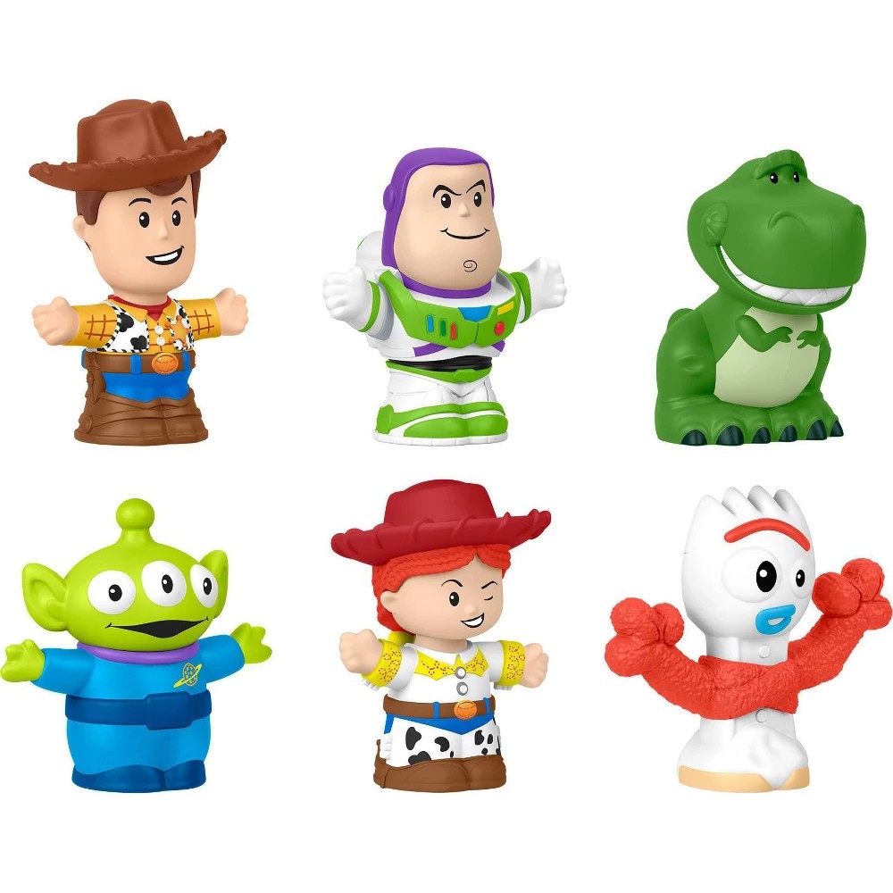 Six colorful plastic figures from Disney Pixar's Toy Story, including Woody, Buzz Lightyear, Rex, the Green Alien, Jessie, and Forky, designed for toddlers and kids.