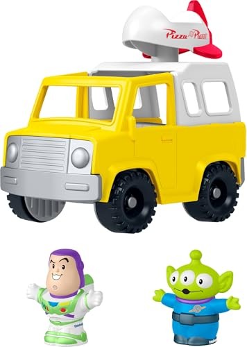 Yellow Pizza Planet truck with a white rocket on top, accompanied by Buzz Lightyear in a green and white suit and a blue alien character, all made of durable plastic.
