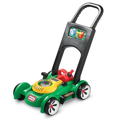 Bright green toy lawnmower with a black handle, yellow control panel, red throttle, and colorful beads visible through a clear dome, designed for imaginative play.