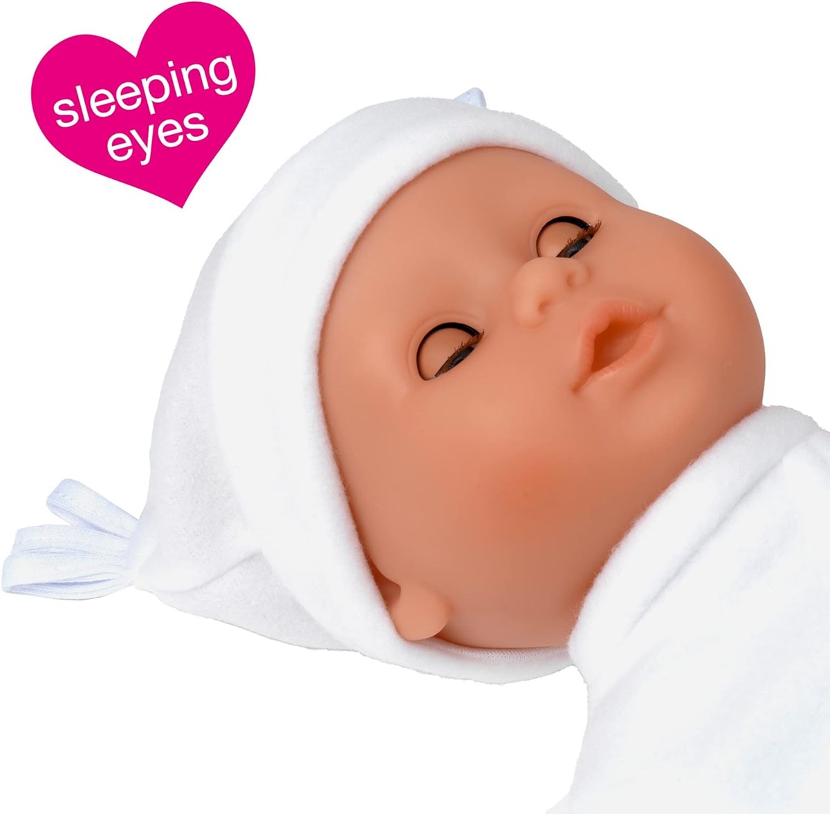 38cm doll with brown skin and sleeping eyes, dressed in a soft white outfit and matching hat, featuring a simple design and gentle facial expression.